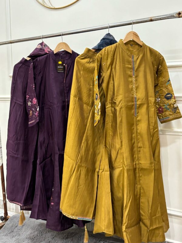 Modal Silk Suit Set with Embroidered Sleeves & Printed Dupatta