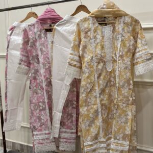 Ivory Grace: Cotton Kurti Pant Set with Dupatta