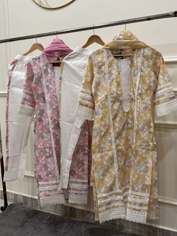 Ivory Grace: Cotton Kurti Pant Set with Dupatta